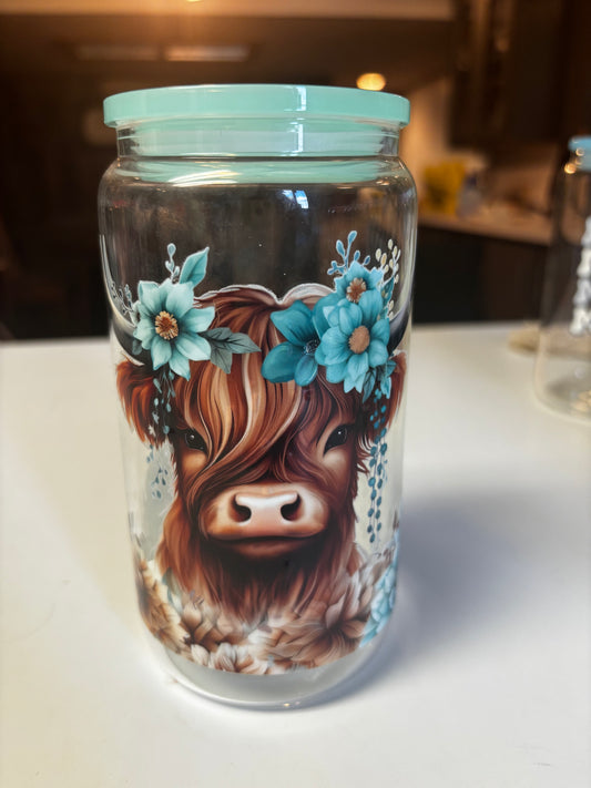 16 oz glass highland cow cups