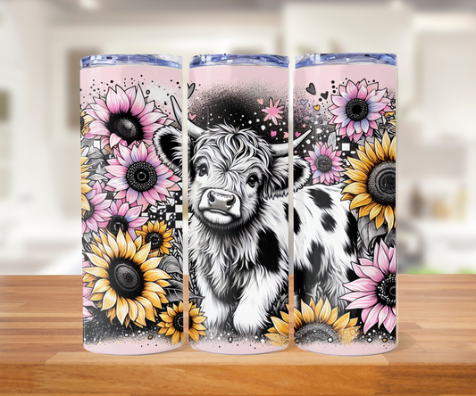 20 ounce pink floral Highland cow Tumblr